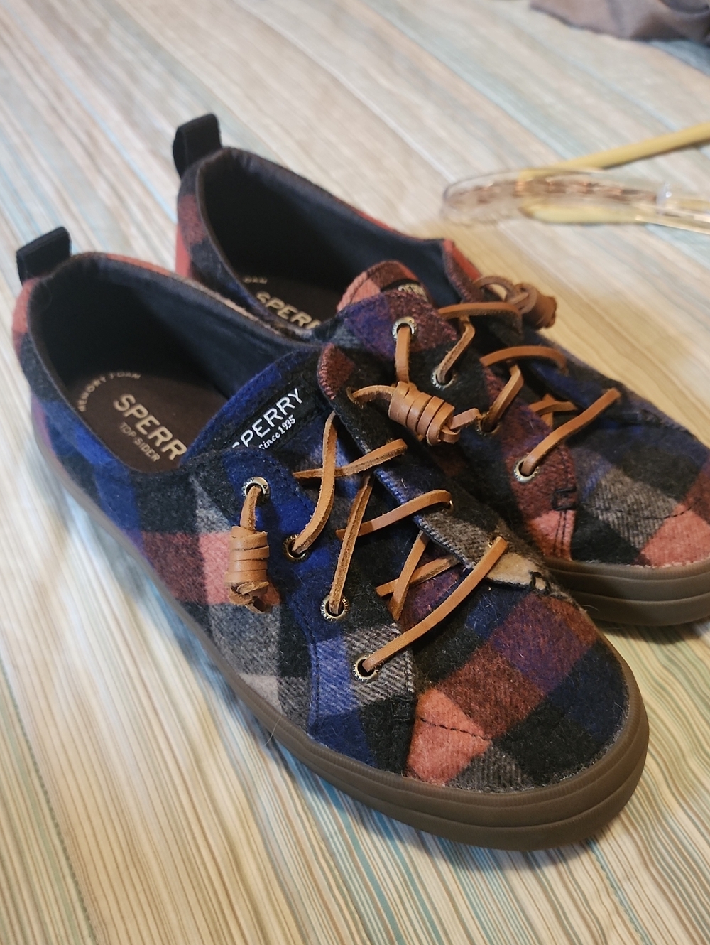 Sperry Plaid Slip-On Sneakers in Blue, Pink & Brown